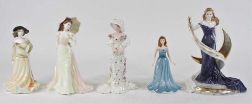 A collection of five Royal Doulton, Coalport and Royal Worcester porcelain figures of ladies, to