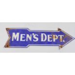 An enamel sign, inscribed 'Mens Dept', w.40cm Appears to be reproduction.