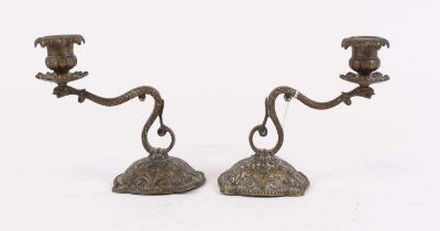 A pair of 19th century brass table candlesticks, each in the form of a snake, height 14.5cm