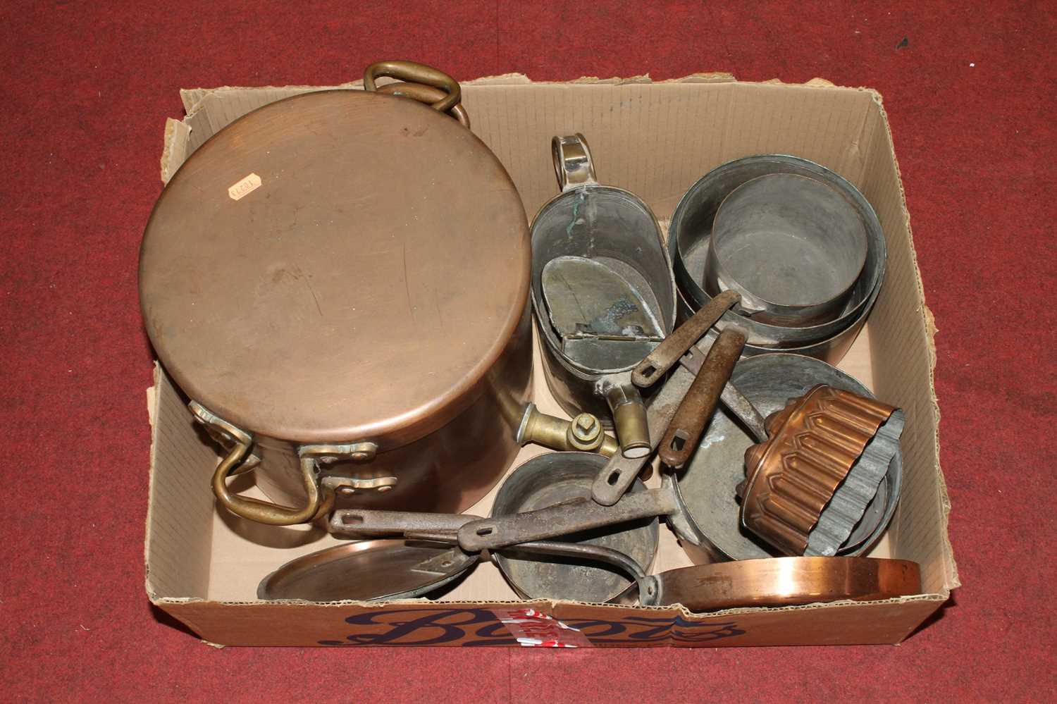A collection of Victorian and later metalware to include a brass watering can and a copper urn