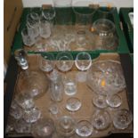 Two boxes of mixed glassware to include drinking glasses and decanters