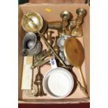 Miscellaneous items to include a pair of Victorian brass table candlesticks, and a Victorian blue