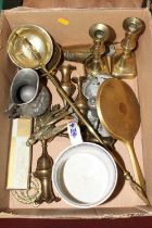 Miscellaneous items to include a pair of Victorian brass table candlesticks, and a Victorian blue