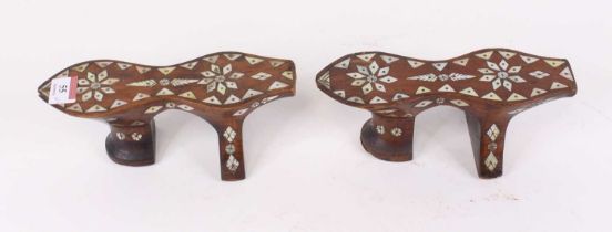 A pair of wooden clogs, probably Turkish, having mother of pearl inlaid decoration, each 21.5cm