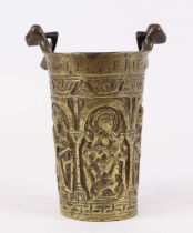 A brass Holy Water pail, probably 18th century, relief decorated with religious scenes, height 21.