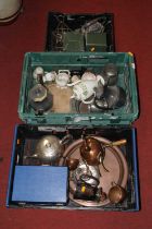 Three boxes of mixed metal ware to include a brass and copper teapot, and a pewter teapot