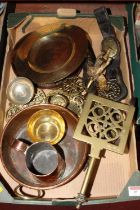 A collection of metalware, to include a pierced brass trivet, a Victorian copper mug, Victorian