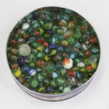 A collection of assorted coloured glass marbles, varying sizes