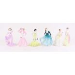 A collection of six Coalport and Royal Doulton figures of ladies, largest height 20.5cm