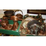 Four boxes of brass and copper wares to include Victorian copper range kettle, Victorian copper