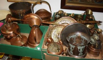 Four boxes of brass and copper wares to include Victorian copper range kettle, Victorian copper