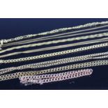 A collection of 9ct gold necklaces and bracelets, to include flat curblink, belcher link, and fine