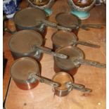 A set of seven Victorian copper pans, the largest dia. 24cm