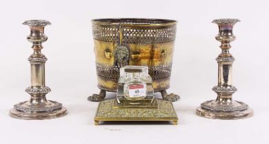 A 19th century pierced brass wastepaper basket, height 19cm, together with a pair of silver plated