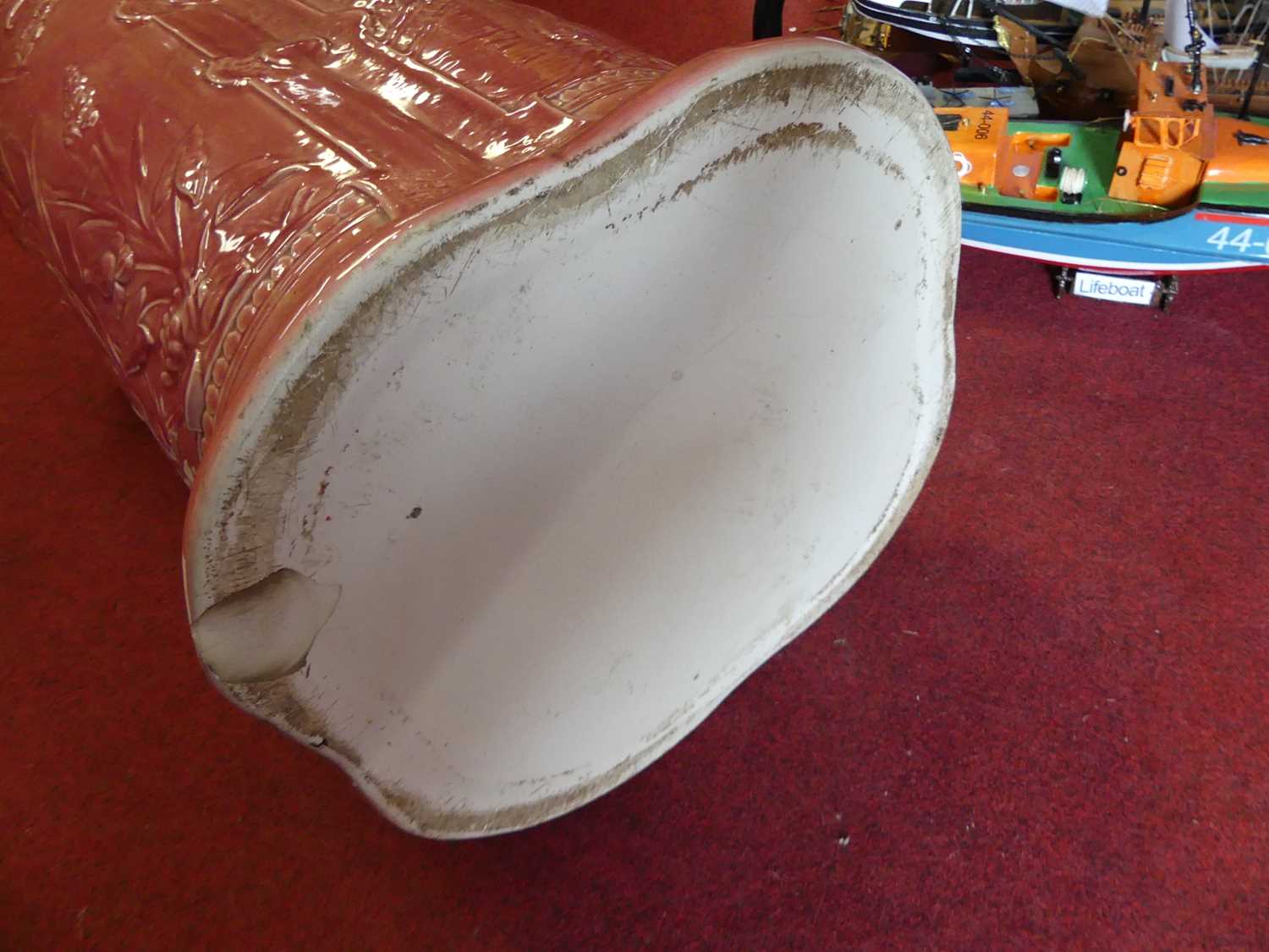 A Victorian pink glazed pottery stickstand, h.60cm With some big cracks, chips and repairs. - Image 3 of 4