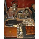 A collection of silver plated items to include an Edwardian spirit kettle on stand, loose