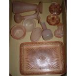 A collection of Art Deco pink glass dressing table wares