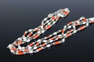 A white metal cultured pearl and coral set long necklace, 145cm