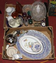 Two boxes of glassware and ceramics to include blue & white transfer decorated meat plates