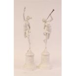 A pair of Victorian white painted metal figures of Mercury and Fame, largest height 59cm