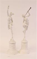 A pair of Victorian white painted metal figures of Mercury and Fame, largest height 59cm