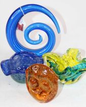 A 20th century blue Studio glass spiral, height 19cm, together with further coloured Studio glass