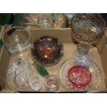 A collection of glass ware to include a cut and amber overlaid glass vase, and carnival glass
