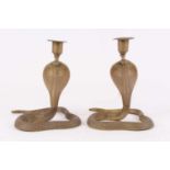 A pair of brass table candlesticks, each in the form of a cobra snake, height 20cm
