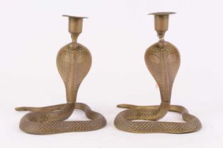 A pair of brass table candlesticks, each in the form of a cobra snake, height 20cm