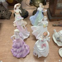 A collection of six Royal Doulton and Coalport figures of ladies, the largest h.23cm Dawn – damage