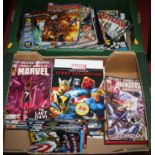 Two boxes of Marvel and DC comics to include The Mighty World of Marvel, Avengers Universe, and
