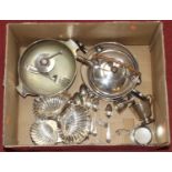 A collection of silver plated items to include spirit kettle, flat wares, pedestal bowl