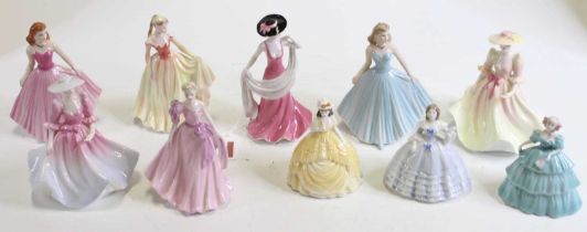 A collection of ten Coalport porcelain figures of ladies, the largest h.13.5cm All appear in good