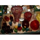 A collection of glassware to include a large cranberry overlaid glass vase, and various drinking