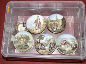 A collection of five prattware pots and lids