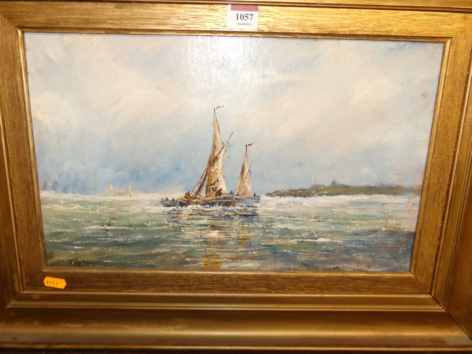 T.M. Wilson - Sailing boats off the coastline, oil on card, signed lower left, 26 x 44cm - Image 2 of 4