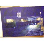 Neil Lanham - The Angel Hill, Bury St Edmunds, at night, oil on canvas, signed lower left, 60 x 84cm