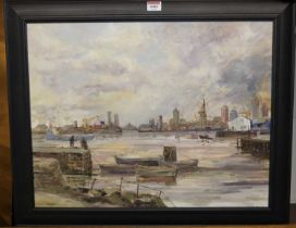 A.Storey Brewis - An Essex harbour, acrylic on mill board, signed lower left, 43 x 55cm