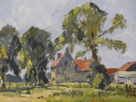 R.C. Naylor - Farm near New Buckenham with elms, oil on canvas board, signed and dated '74 lower