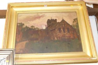 A. Baldwin - A church at sunset, oil on canvas, signed lower right, 49 x 69cm