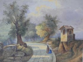 19th century school - Nuns in a landscape, watercolour, 20 x 26cm