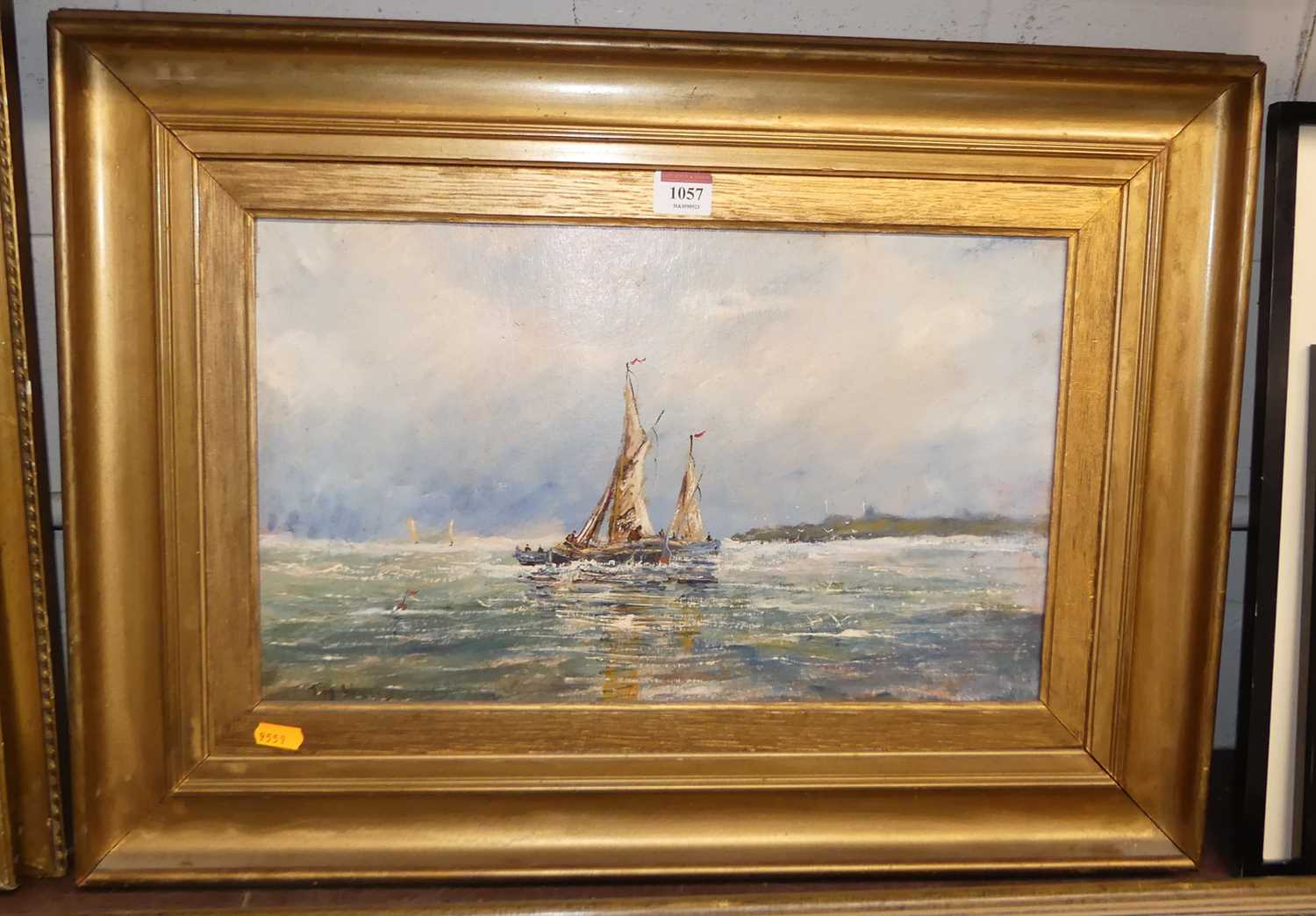 T.M. Wilson - Sailing boats off the coastline, oil on card, signed lower left, 26 x 44cm