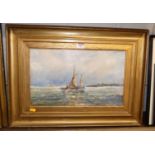 T.M. Wilson - Sailing boats off the coastline, oil on card, signed lower left, 26 x 44cm