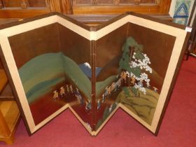 A Japanese low four-fold painted screen, each panel width 43cm