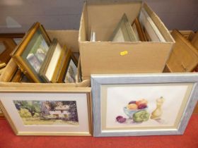 Two boxes of assorted pictures and prints to include various amateur watercolours including