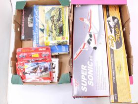 Two boxes of plastic and wooden aircraft model kits to include Revell Airfix, Top Driver, and others