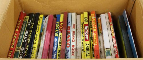 A box of mixed children's annuals, to include Supercar, Tenderfoot, Lion 1966 etc Unmarked spines