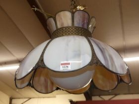 A French marbled glass and brass framed hanging ceiling light, of domed form, dia.46cm