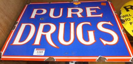 An enamel advertising sign 'Pure Drugs', 29 x 37cm Reproduction.