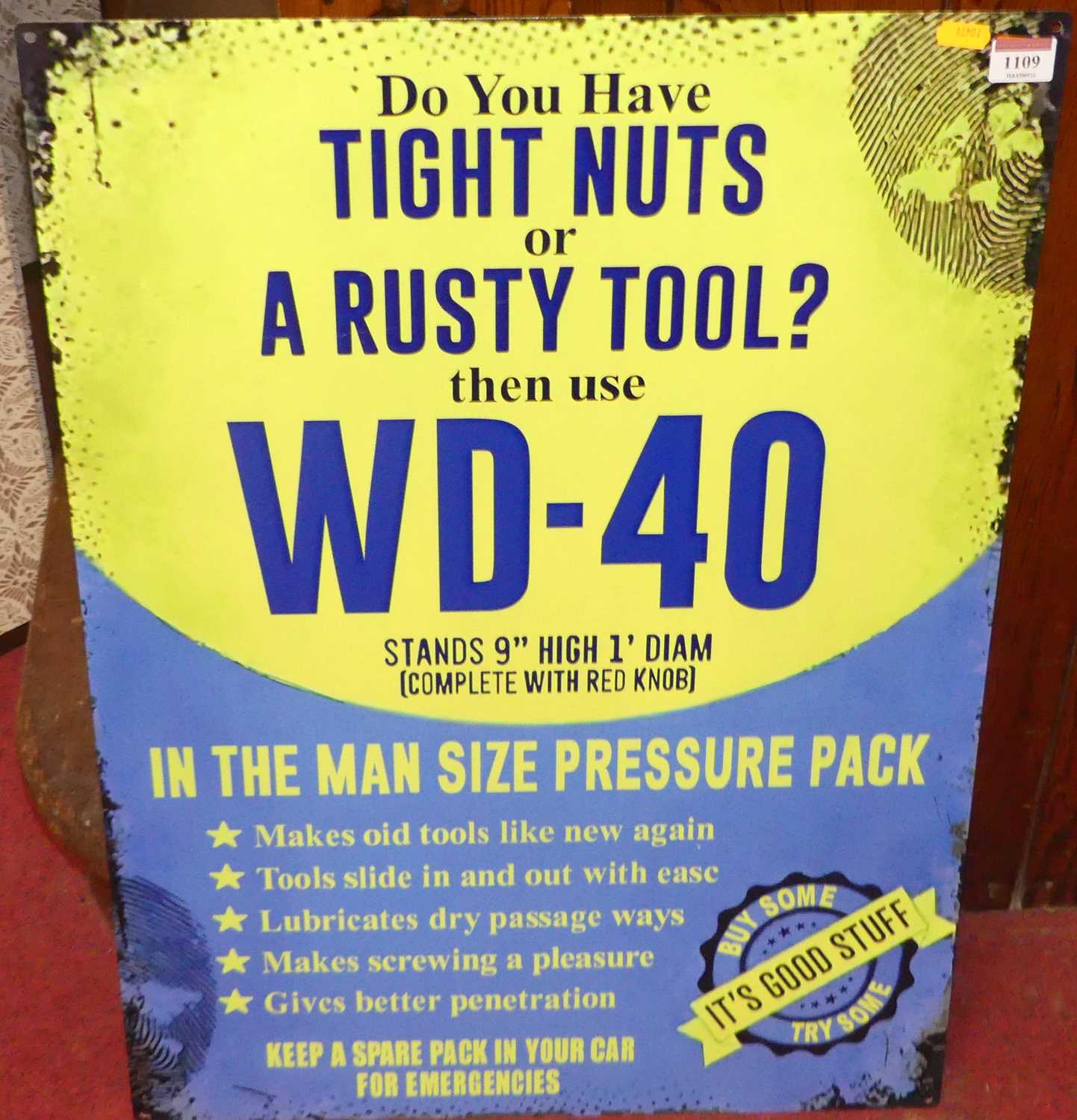 A printed tin advertising sign for WD40, 70 x 50cm